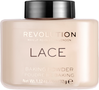 Revolution Lace Baking Powder, jasnobeżowy sypki puder w słoiczku z czarną nakrętką, widok z przodu.