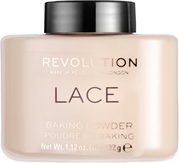 Revolution Lace Baking Powder, jasnobeżowy sypki puder w słoiczku z czarną nakrętką, widok z przodu.