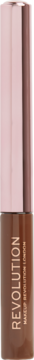 Eyeliner Revolution Super Flick w brązowej butelce, różowozłota zakrętka, pionowe ujęcie, precyzyjny pędzelek.