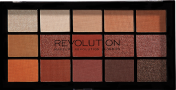 Paleta cieni Revolution Re-loaded Iconic Fever. 15 ciepłych odcieni: brązy, pomarańcze, rudości. Mat i błysk. Widok z góry.