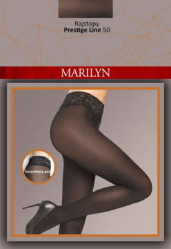 Czarne rajstopy Marilyn Prestige Line 50 z koronkową lamówką, półmatowe, widok nałożone na nogi z boku.