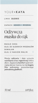 Your KAYA odżywcza maska do rąk 50ml, białe opakowanie z ciemnym tekstem, zapach kokos i migdał.