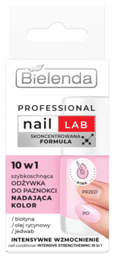 Bielenda Professional Nail Lab 10w1, szybkoschnąca różowa odżywka do paznokci, widok z przodu opakowania.