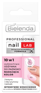 Bielenda Professional Nail Lab 10w1, szybkoschnąca różowa odżywka do paznokci, widok z przodu opakowania.