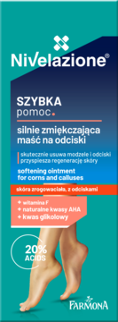 Nivelazione maść na odciski, turkusowo-granatowe opakowanie z grafiką stóp, 20% kwasów.