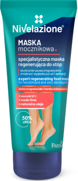 Turkusowa tuba Nivelazione Maska mocznikowa 50% Urea, regenerująca do stóp, z białymi napisami i grafiką stóp.