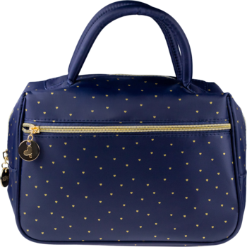 Granatowa kosmetyczka damska Killys w złote serduszka, z suwakiem i uchwytem, widok z przodu.