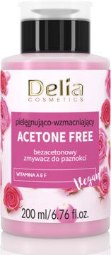Delia Acetone Free pielęgnujący zmywacz do paznokci z witaminami, różowa butelka z różami, widok z przodu.
