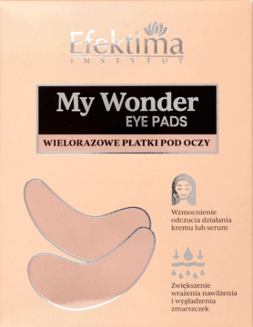 Efektima My Wonder Eye Pads, wielorazowe silikonowe płatki, beżowe opakowanie z widocznymi dwoma płatkami, widok z przodu.