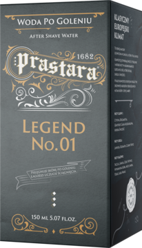 Opakowanie wody po goleniu Prastara Legend No.01, 150ml. Ciemnoszare pudełko ze złotymi i beżowymi napisami, widok przód-bok.