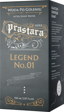 Opakowanie wody po goleniu Prastara Legend No.01, 150ml. Ciemnoszare pudełko ze złotymi i beżowymi napisami, widok przód-bok.