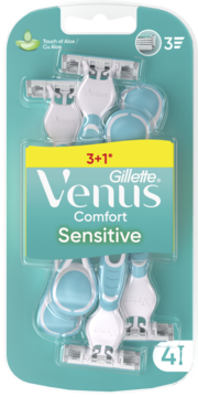 Gillette Venus Comfort Sensitive maszynki 3 ostrza, z aloesem, 4 szt. w zielono-białym blistrze, widok z przodu.