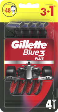 Gillette Blue3 Plus 4 maszynki jednorazowe w czerwono-czarnym opakowaniu, z grafiką bolidu F1, widok z przodu.