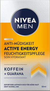 Biało-pomarańczowy kartonik NIVEA MEN Active Energy krem 50ml na zmęczenie, z kofeiną i guaraną, widok z przodu.