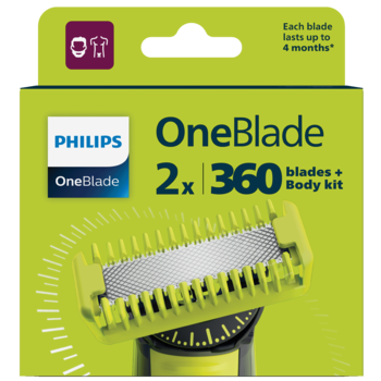 Philips OneBlade 360: 2 ostrza wymienne plus zestaw do ciała, w zielono-białym opakowaniu, widok z przodu.