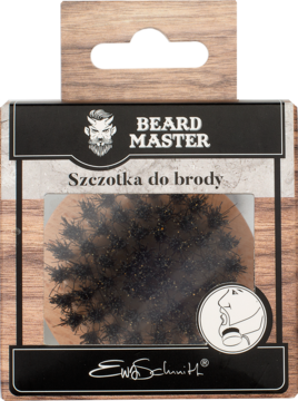Kartacz Beard Master z naturalnego włosia dzika, w czarnym opakowaniu z okienkiem, na drewnianym tle.