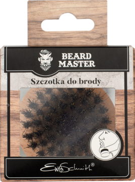 Kartacz Beard Master z naturalnego włosia dzika, w czarnym opakowaniu z okienkiem, na drewnianym tle.