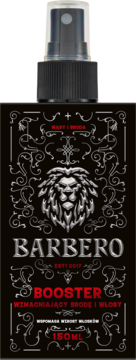 Barbero Booster, czarny spray wzmacniający brodę i włosy 150ml z ozdobnym logo lwa, widok z przodu.
