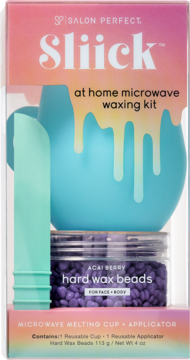 Salon Perfect Sliick at-home microwave waxing kit: blue cup, green applicator, purple acai wax beads. Front view.