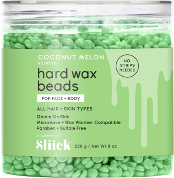 Sliick Coconut Melon scented hard wax beads, green, in clear jar. For face & body, no strips needed.