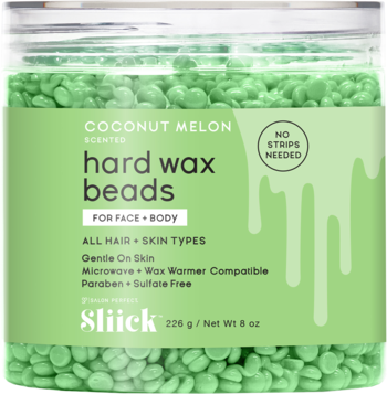Sliick Coconut Melon scented hard wax beads, green, in clear jar. For face & body, no strips needed.
