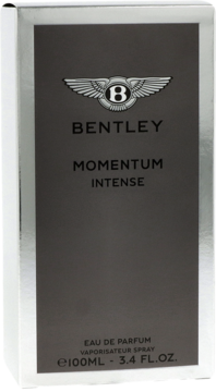 Front szarego, prostokątnego opakowania perfum Bentley Momentum Intense 100ml ze srebrnym logo Bentley.