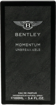 Czarne pudełko Bentley Momentum Unbreakable Eau de Parfum z fakturą, srebrne napisy i logo, widok frontalny.