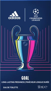Opakowanie wody toaletowej Adidas UEFA Champions League Goal 50ml, z kolorowym trofeum na granatowym tle.