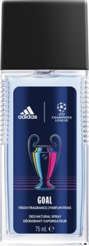 Adidas UEFA Champions League Goal dezodorant 75ml, widok z przodu, przezroczysta butelka z niebieską etykietą i trofeum.