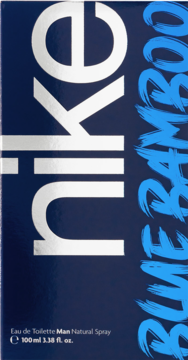 Nike Blue Bamboo woda toaletowa dla mężczyzn, ciemnoniebieskie pudełko, srebrne logo Nike, widok z przodu.