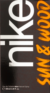 Czarne pudełko perfum Nike Sun & Wood Eau de Toilette 100ml, widok z przodu z białym i pomarańczowym napisem.