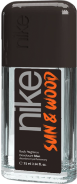 Nike Sun & Wood dezodorant perfumowany 75ml, szklany roll-on z czarną etykietą, pomarańczowy napis, widok z przodu.