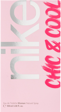 Różowe opakowanie Nike Chic & Cool Eau de Toilette Woman, ze srebrnym i różowym tekstem, widok z przodu.