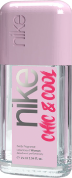 Nike Chic & Cool perfumed roll-on deodorant for women, 75ml, clear bottle with pink label & cap, front view.