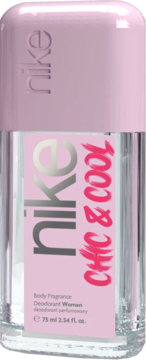 Nike Chic & Cool perfumed roll-on deodorant for women, 75ml, clear bottle with pink label & cap, front view.