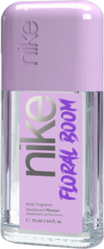 Przezroczysty dezodorant roll-on Nike Floral Boom dla kobiet, z fioletową nakrętką i etykietą, widok z przodu.