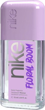 Przezroczysty dezodorant roll-on Nike Floral Boom dla kobiet, z fioletową nakrętką i etykietą, widok z przodu.