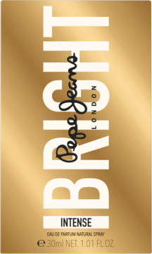Lśniące, złote opakowanie perfum Pepe Jeans London Bright Intense 30ml EDP, z białym napisem BRIGHT, widok przód.