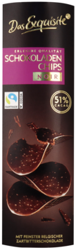 Das Exquisite Schokoladen Chips Noir, ciemne opakowanie z błyszczącymi płatkami czekolady, 51% kakao.
