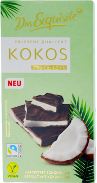 Zielona czekolada Das Exquisite Kokos Zartbitter, widok opakowania z kostkami czekolady i kokosem w tle.