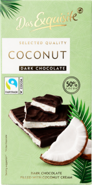Czekolada deserowa Das Exquisite Kokosowa, Fairtrade, 50% kakao. Zielone opakowanie ze złamaną tabliczką.