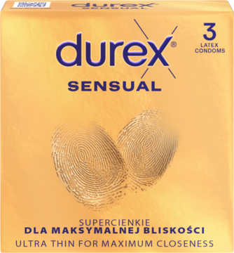 Złote pudełko prezerwatyw Durex Sensual Ultra Thin, z napisami i złotymi odciskami palców na froncie.