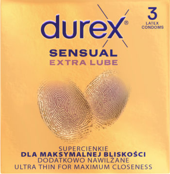 Złote opakowanie prezerwatyw Durex Sensual Extra Lube (3 szt.), ultra cienkich dla maksymalnej bliskości.