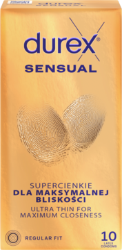 Złote opakowanie Durex Sensual, supercienkie prezerwatywy z wzorem odcisków palców, 10 sztuk, widok z przodu.