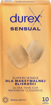 Złote opakowanie Durex Sensual, supercienkie prezerwatywy z wzorem odcisków palców, 10 sztuk, widok z przodu.