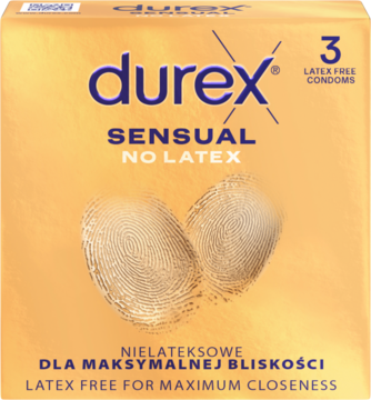 Durex Sensual No Latex, 3 prezerwatywy w złotym opakowaniu z grafiką odcisków palców. Widok z przodu.