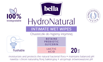 Białe opakowanie chusteczek intymnych Bella HydroNatural z fioletowym paskiem, ikonami i napisem "20 pcs".