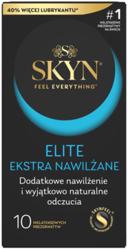Front czarnego opakowania prezerwatyw SKYN Elite Ekstra Nawilżane, z detalami o 40% więcej lubrykantu i niebieskim łukiem.