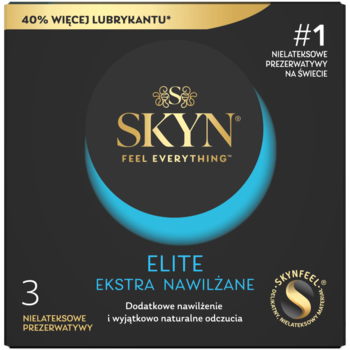 Czarne pudełko SKYN Elite Ekstra Nawilżane, 3 bezlateksowe prezerwatywy z 40% więcej lubrykantu, widok z przodu.