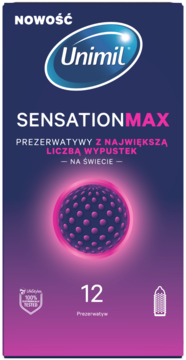 Unimil SensationMAX prezerwatywy z największą liczbą wypustek, granatowe opakowanie, widok z przodu.
